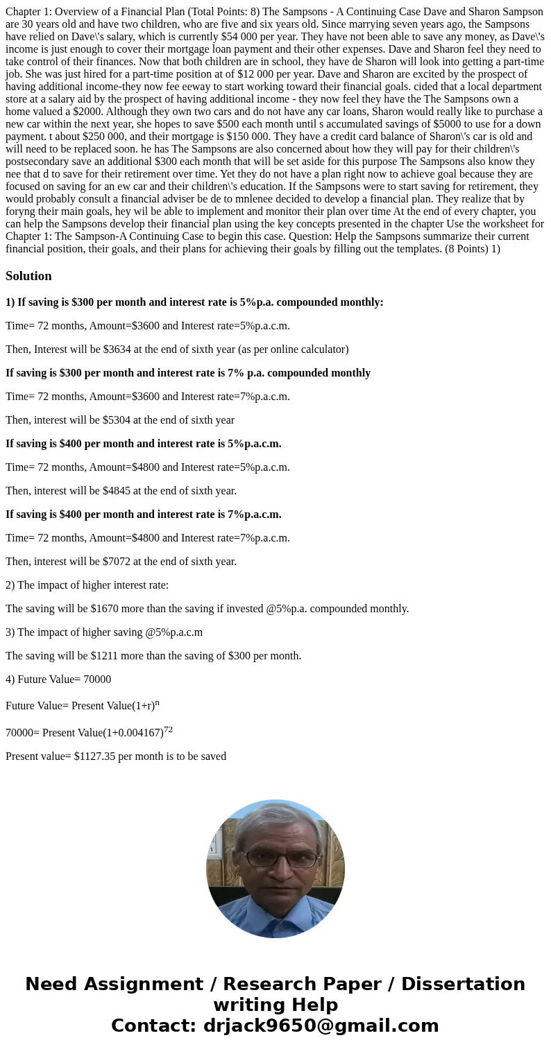  Chapter 1: Overview of a Financial Plan (Total Points: 8) The Sampsons - A Continuing Case Dave and Sharon Sampson are 30 years old and have two children, who 