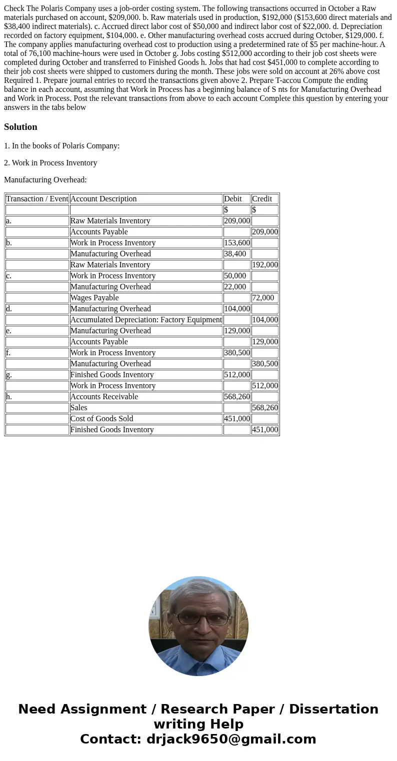  Check The Polaris Company uses a job-order costing system. The following transactions occurred in October a Raw materials purchased on account, $209,000. b. Ra