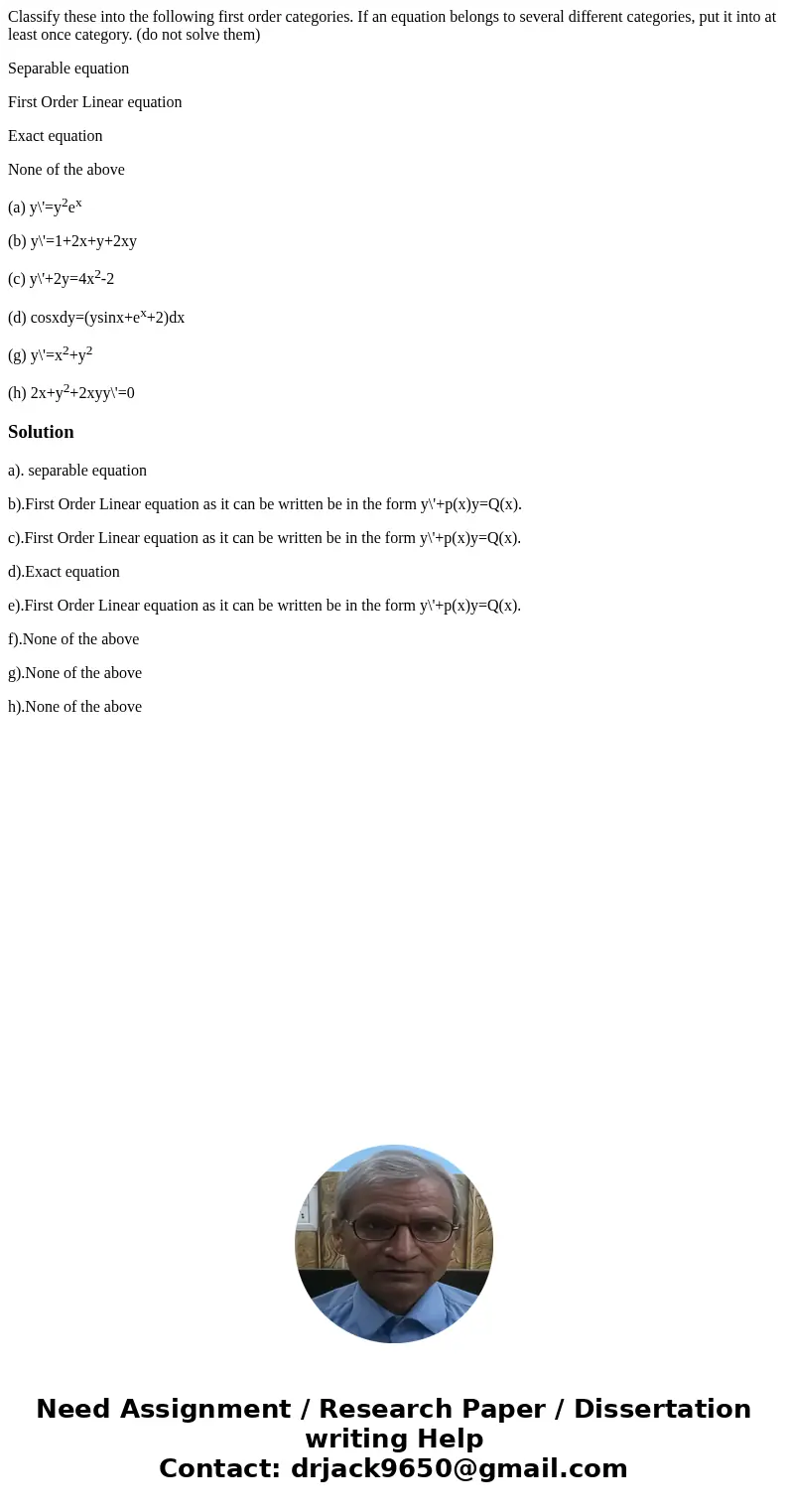 Classify these into the following first order categories. If an equation belongs to several different categories, put it into at least once category. (do not so Classify these into the following first order categories. If an equation belongs to several different categories, put it into at least once category. (do not so