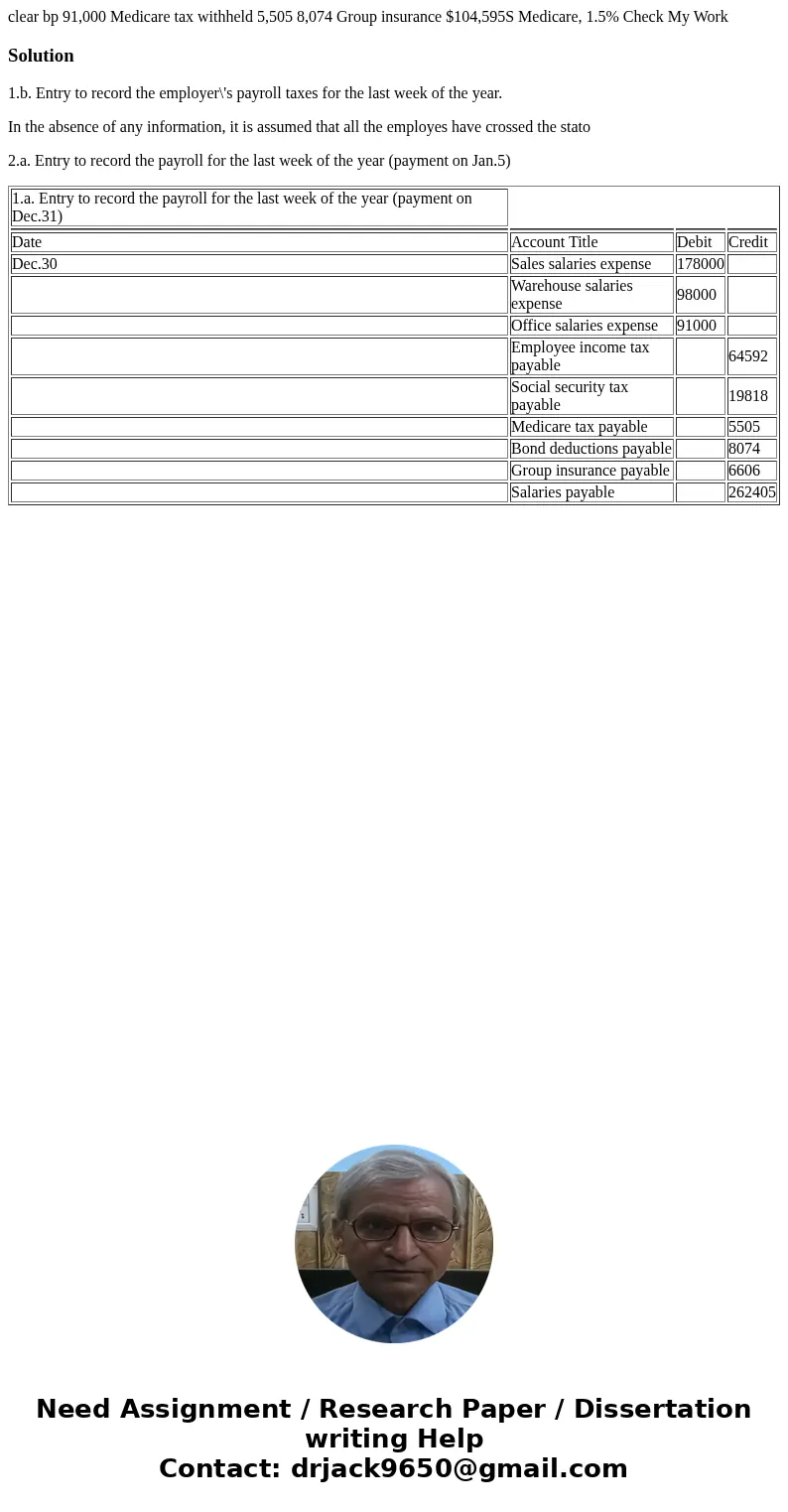 clear bp 91,000 Medicare tax withheld 5,505 8,074 Group insurance $104,595S Medicare, 1.5% Check My Work Solution1.b. Entry to record the employer\'s payroll t
