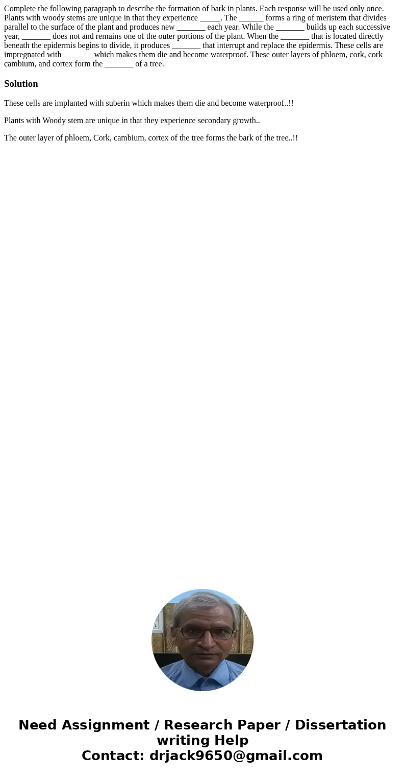  Complete the following paragraph to describe the formation of bark in plants. Each response will be used only once. Plants with woody stems are unique in that 