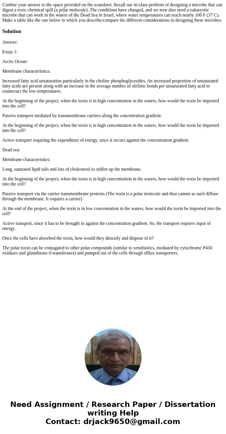  Confine your answer to the space provided on the scansheet. Recall our in-class problem of designing a microbe that can digest a toxic chemical spill (a polar 