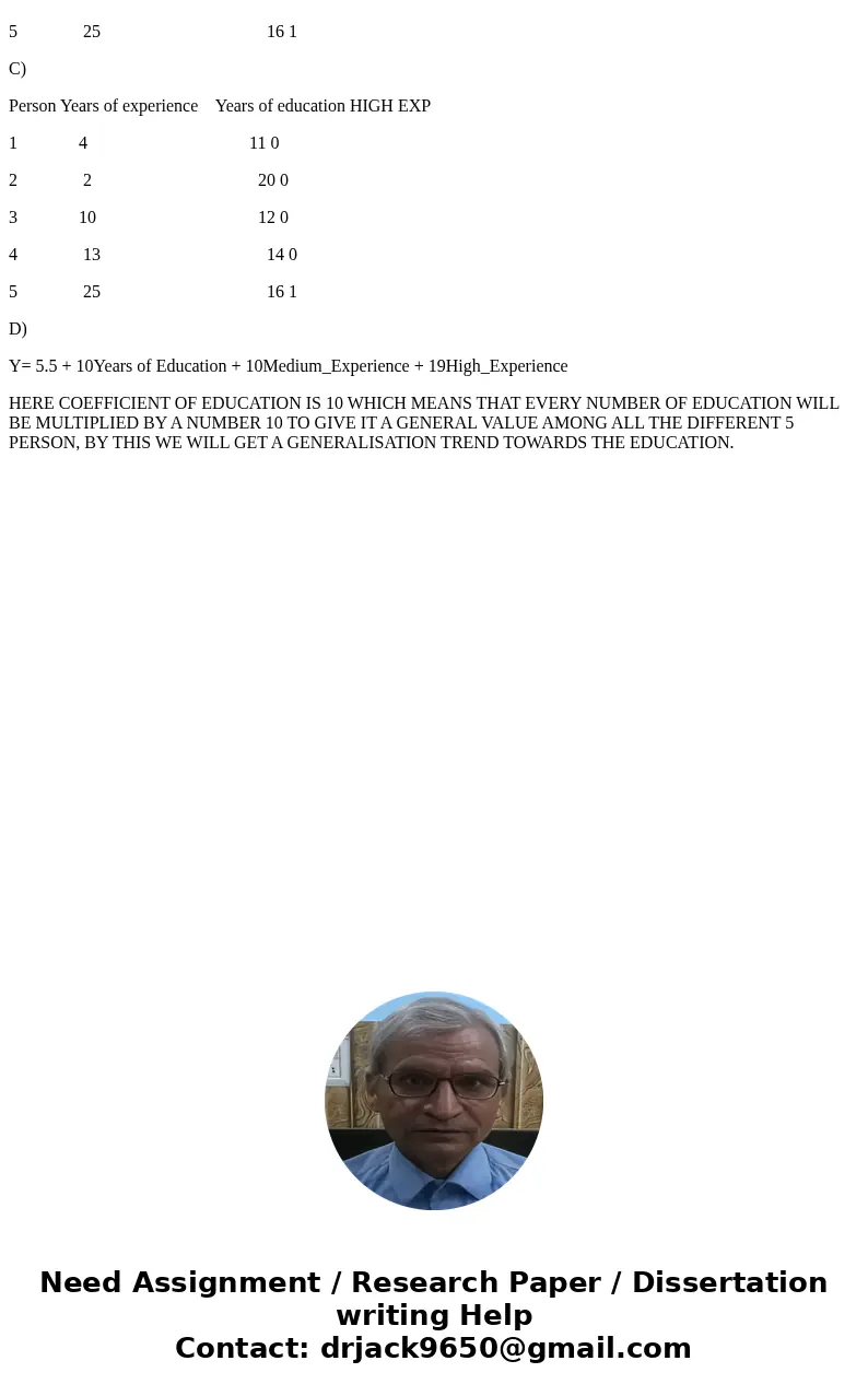 Consider a regression study involving wages in $ as the y variable and the x variables are years of experience, and years of education. Suppose you have the fol