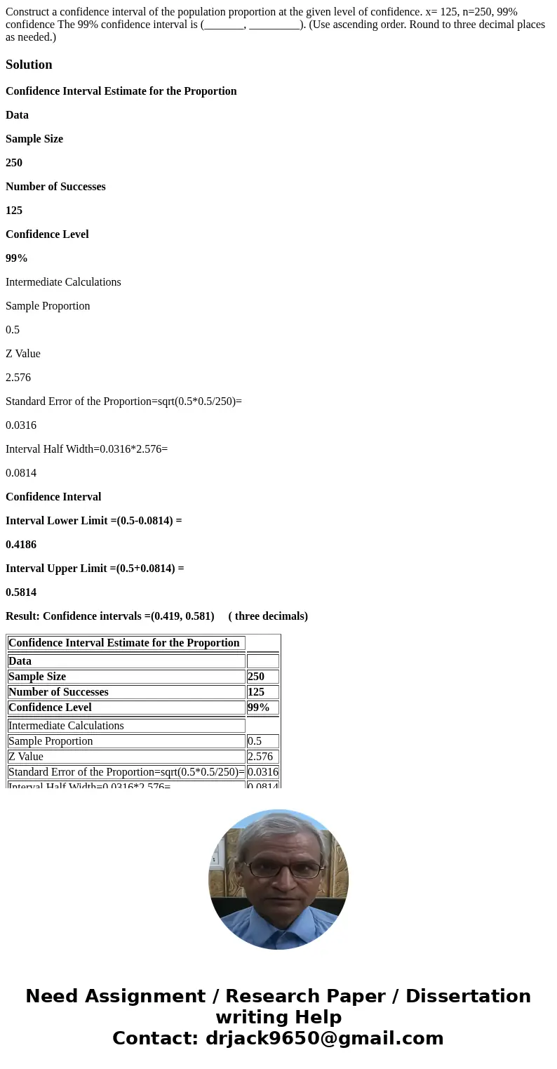  Construct a confidence interval of the population proportion at the given level of confidence. x= 125, n=250, 99% confidence The 99% confidence interval is (__