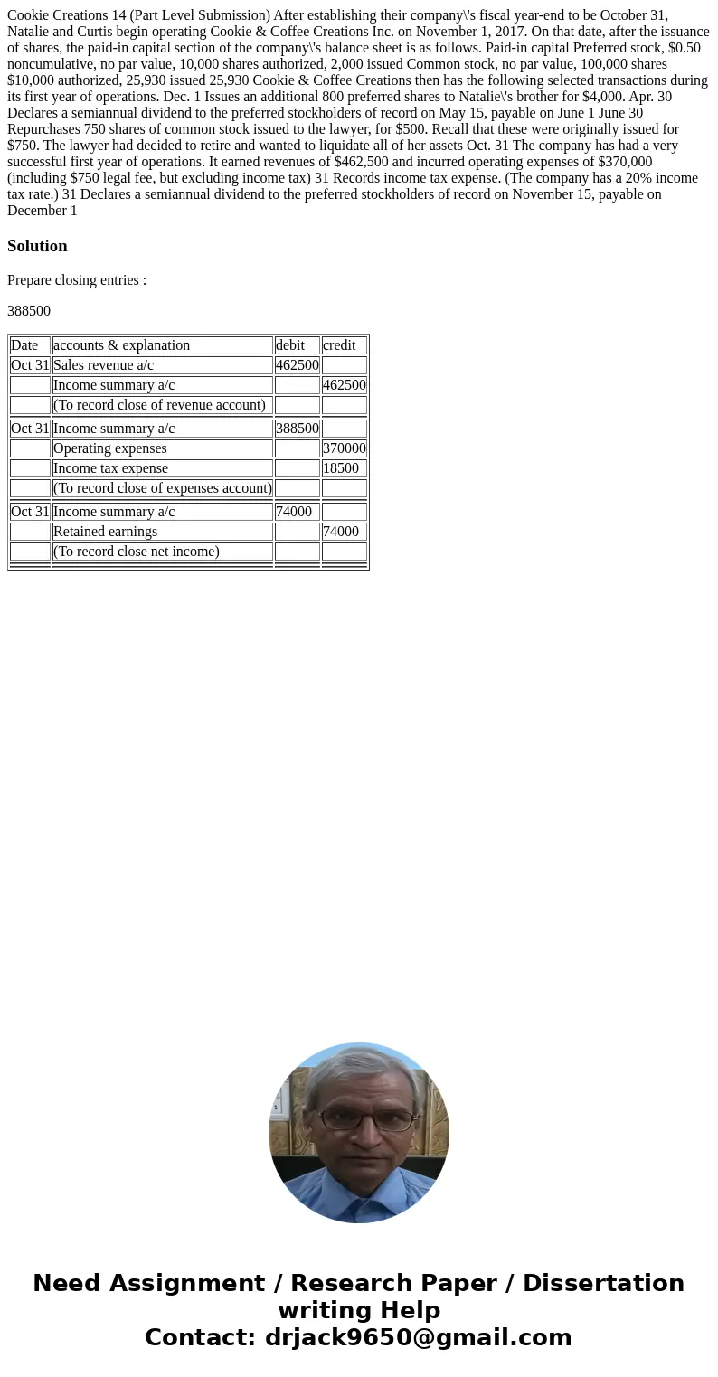 Cookie Creations 14 (Part Level Submission) After establishing their company\'s fiscal year-end to be October 31, Natalie and Curtis begin operating Cookie &am