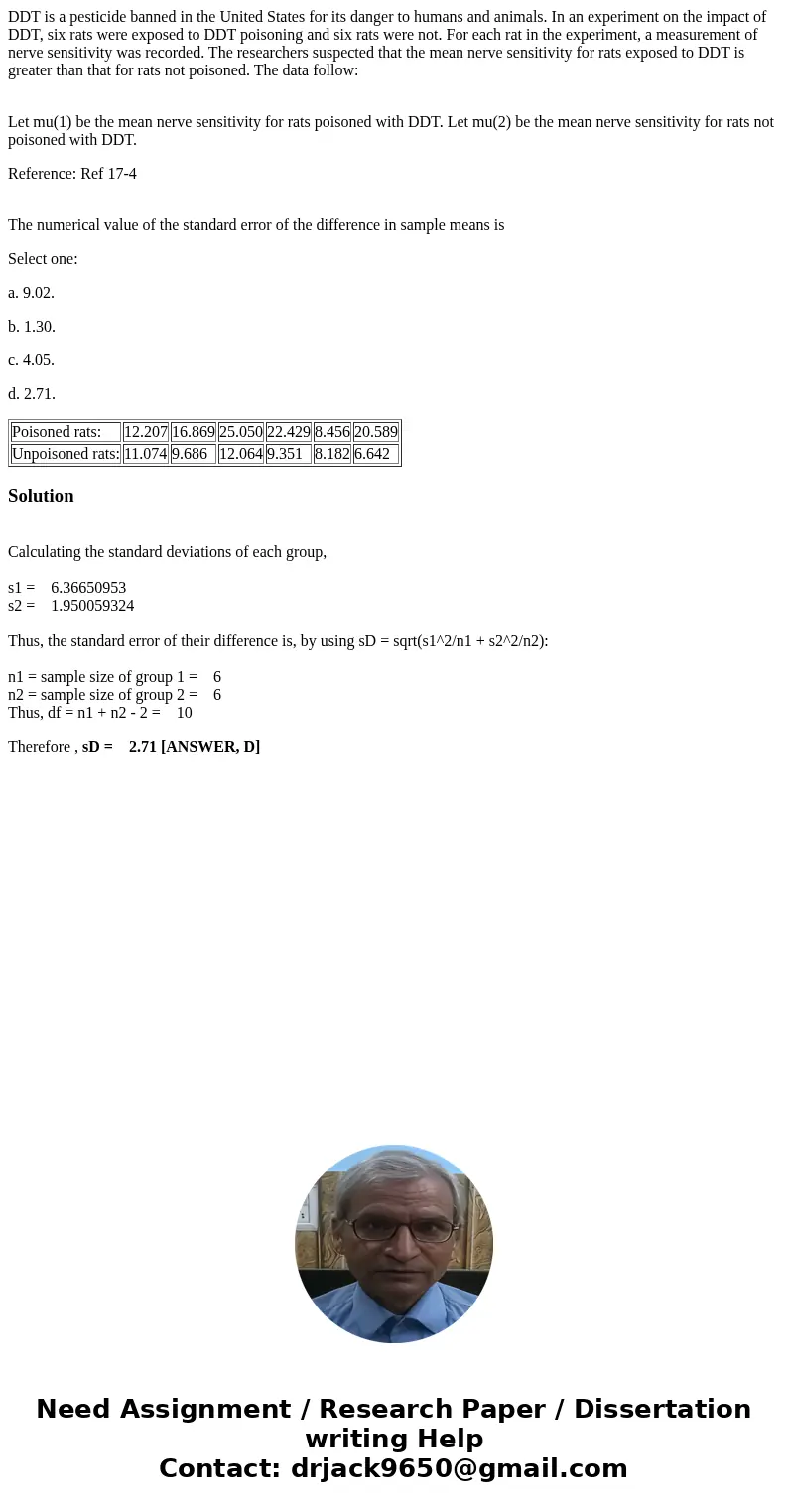 DDT is a pesticide banned in the United States for its danger to humans and animals. In an experiment on the impact of DDT, six rats were exposed to DDT poisoni