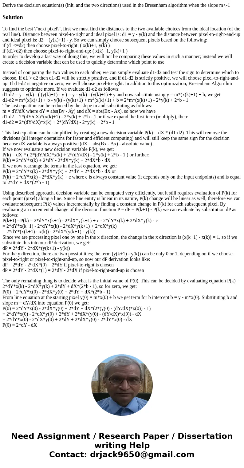 Derive the decision equation(s) (init, and the two directions) used in the Bresenham algorithm when the slope m<-1SolutionTo find the best \
