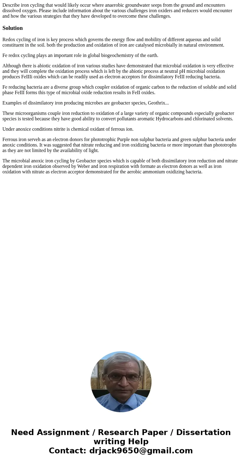 Describe iron cycling that would likely occur where anaerobic groundwater seeps from the ground and encounters dissolved oxygen. Please include information abou