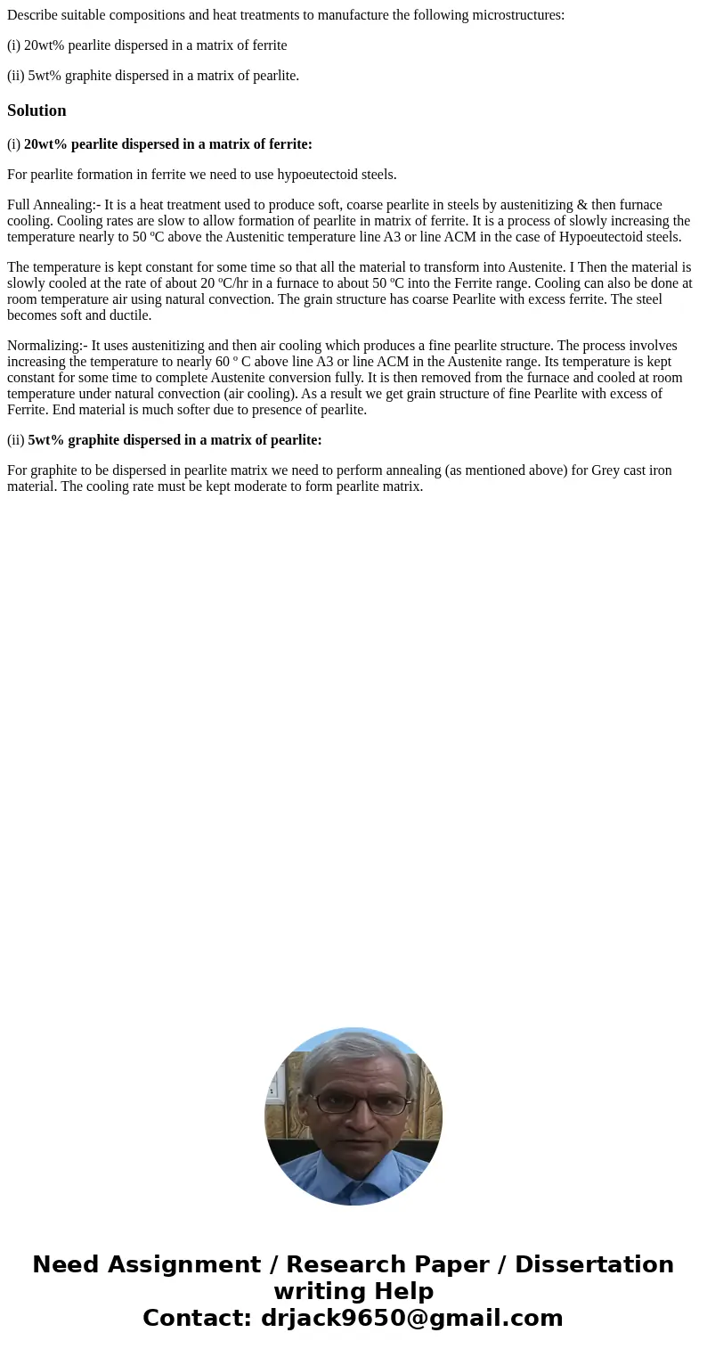 Describe suitable compositions and heat treatments to manufacture the following microstructures: (i) 20wt% pearlite dispersed in a matrix of ferrite (ii) 5wt% g