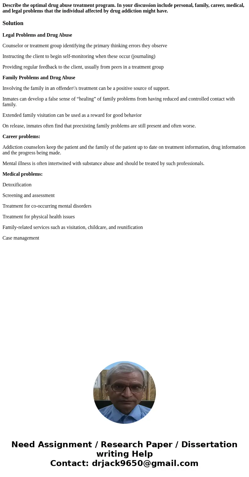 Describe the optimal drug abuse treatment program. In your discussion include personal, family, career, medical, and legal problems that the individual affected Describe the optimal drug abuse treatment program. In your discussion include personal, family, career, medical, and legal problems that the individual affected