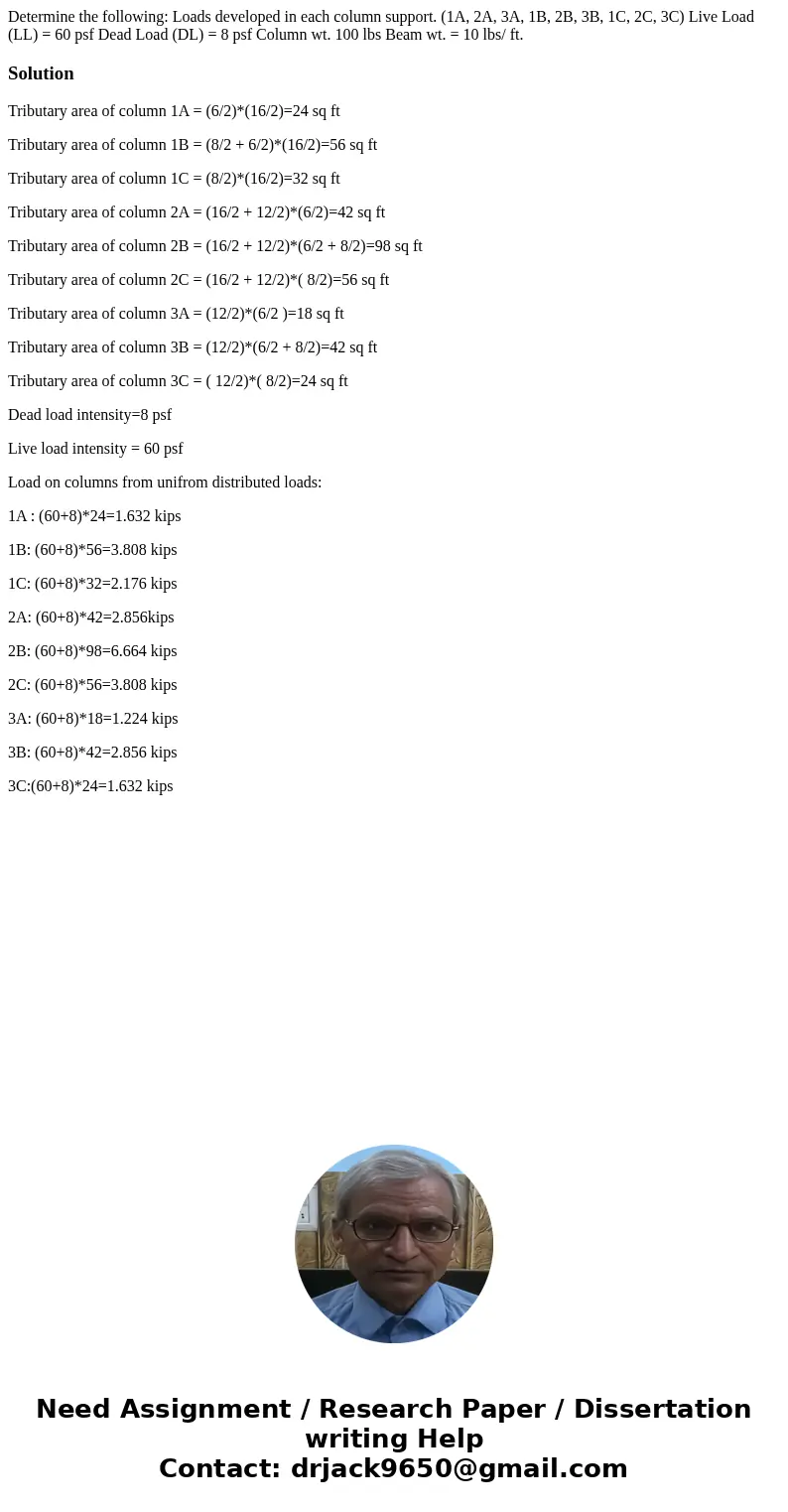  Determine the following: Loads developed in each column support. (1A, 2A, 3A, 1B, 2B, 3B, 1C, 2C, 3C) Live Load (LL) = 60 psf Dead Load (DL) = 8 psf Column wt.