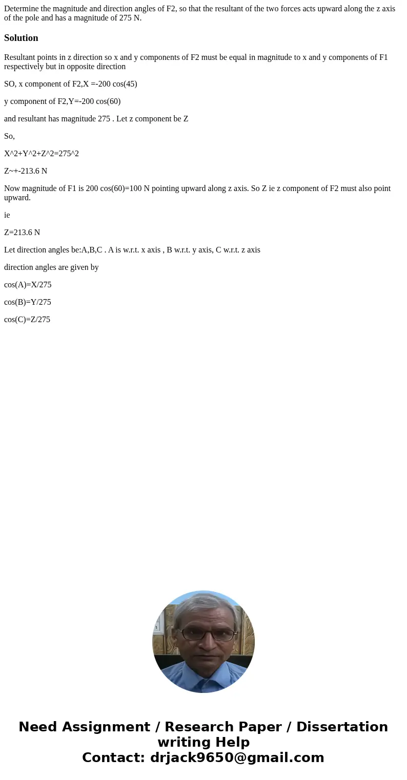  Determine the magnitude and direction angles of F2, so that the resultant of the two forces acts upward along the z axis of the pole and has a magnitude of 275