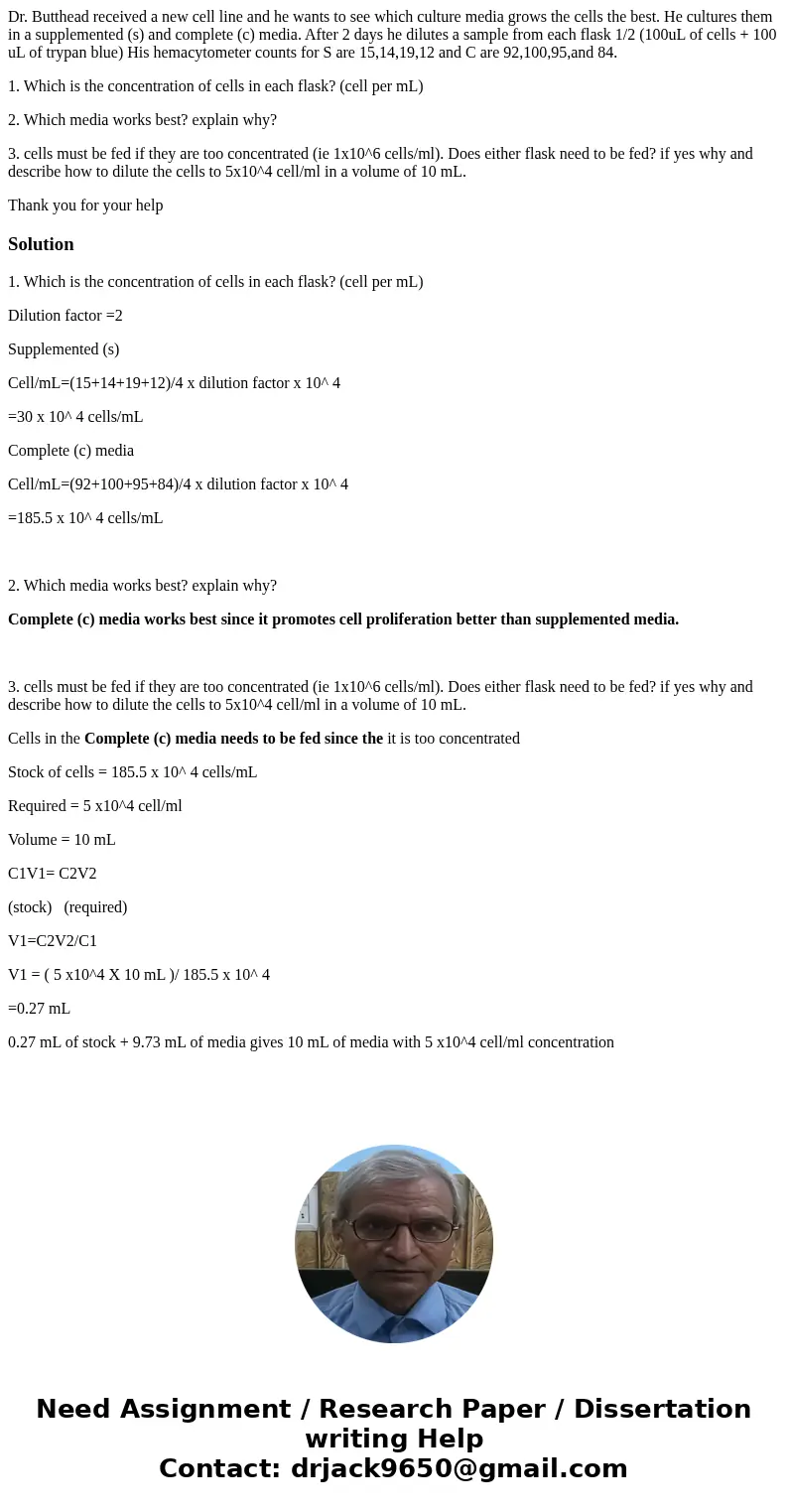 Dr. Butthead received a new cell line and he wants to see which culture media grows the cells the best. He cultures them in a supplemented (s) and complete (c) 