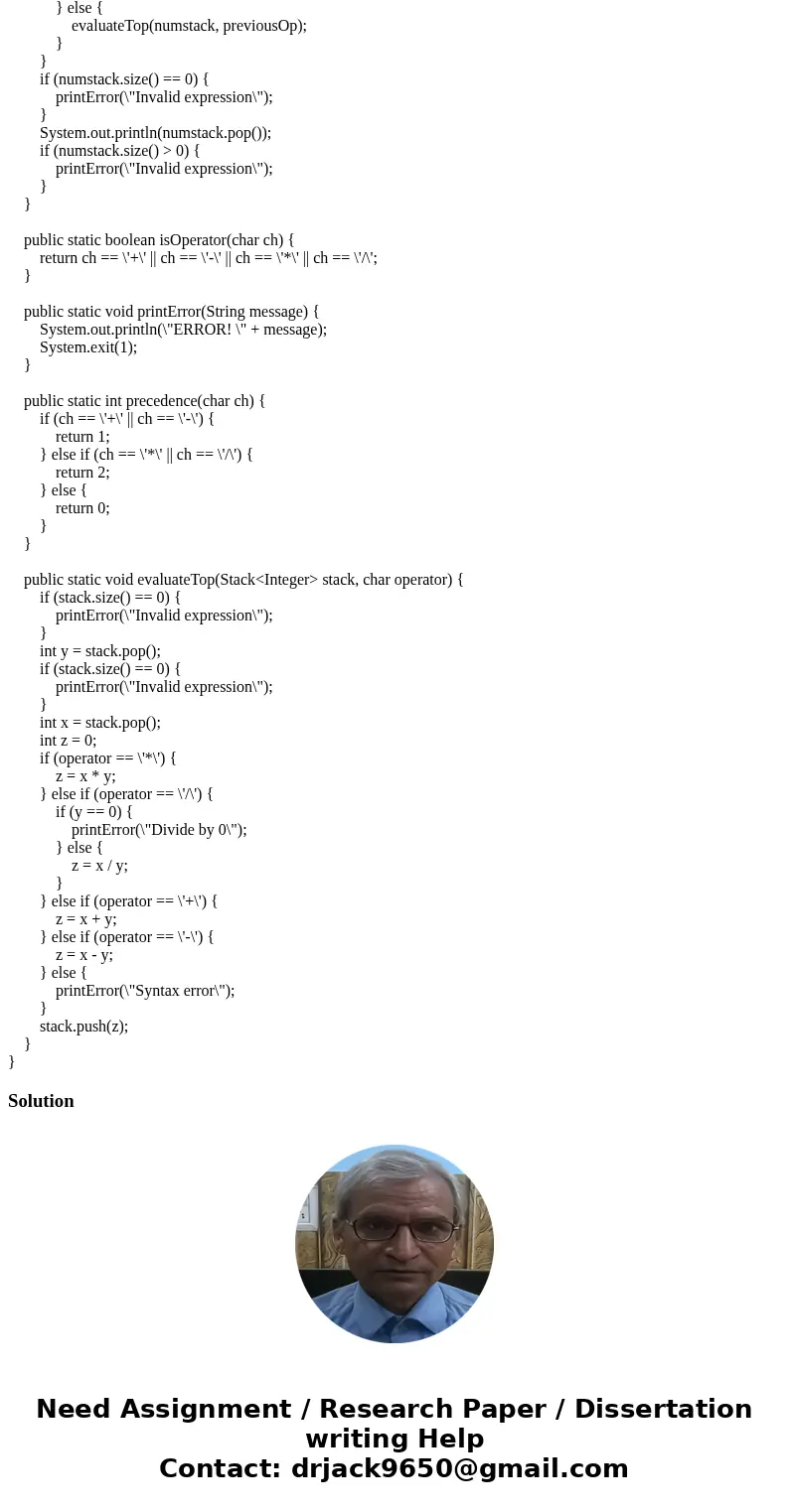 E15.16 Add a % (remainder) operator to the expression calculator of Section 15.6.3. package collections; import java.util.Scanner; import java.util.Stack; publi