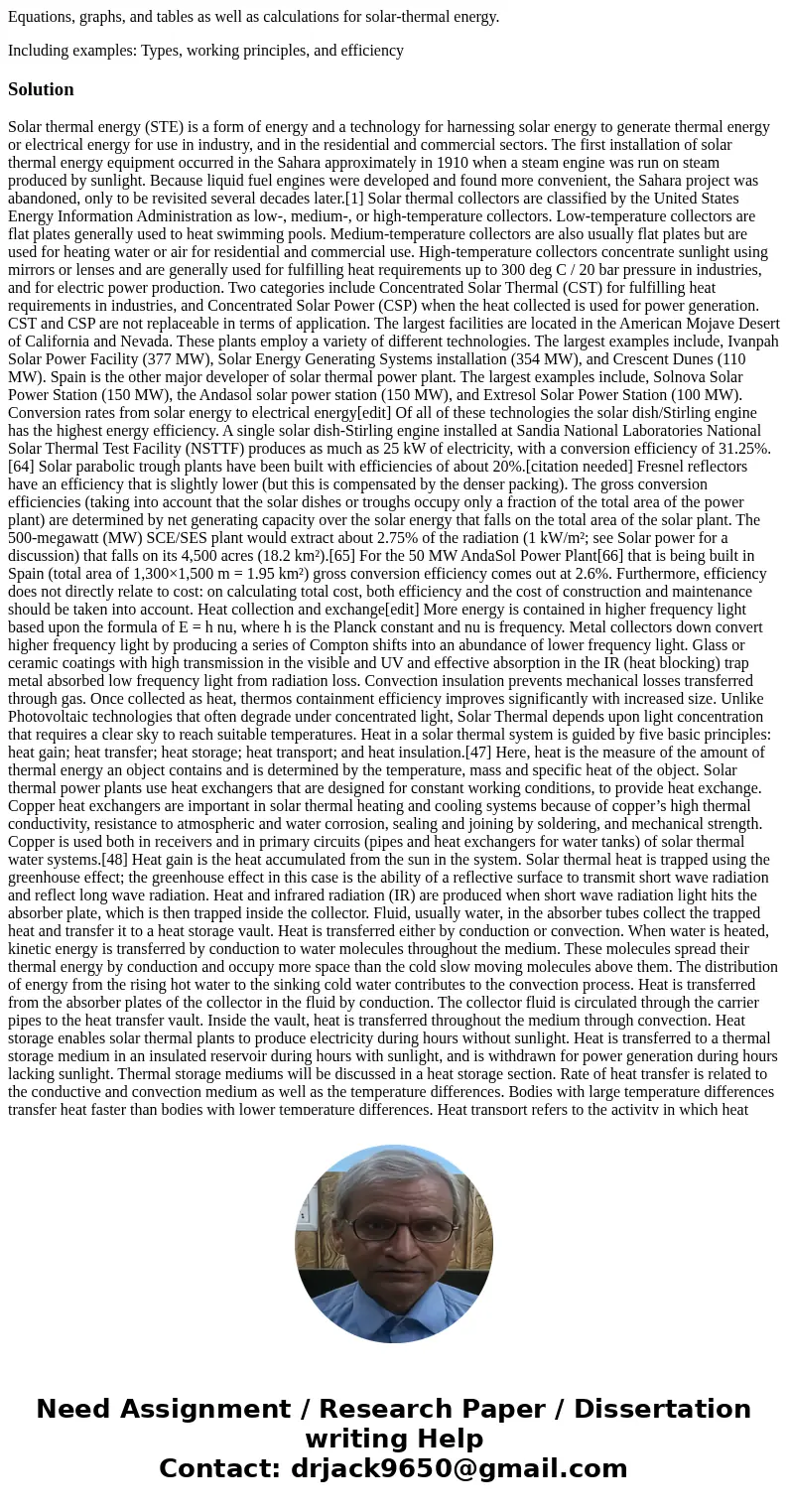 Equations, graphs, and tables as well as calculations for solar-thermal energy. Including examples: Types, working principles, and efficiencySolutionSolar therm