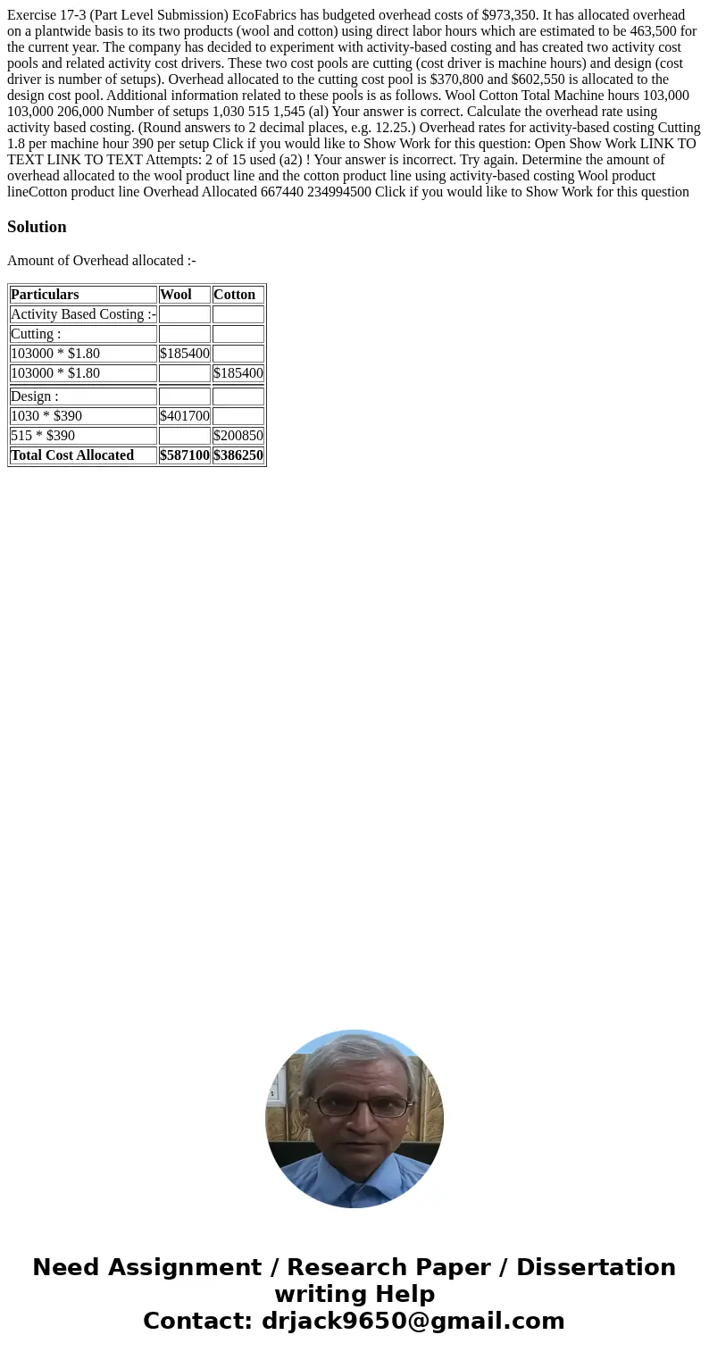  Exercise 17-3 (Part Level Submission) EcoFabrics has budgeted overhead costs of $973,350. It has allocated overhead on a plantwide basis to its two products (w
