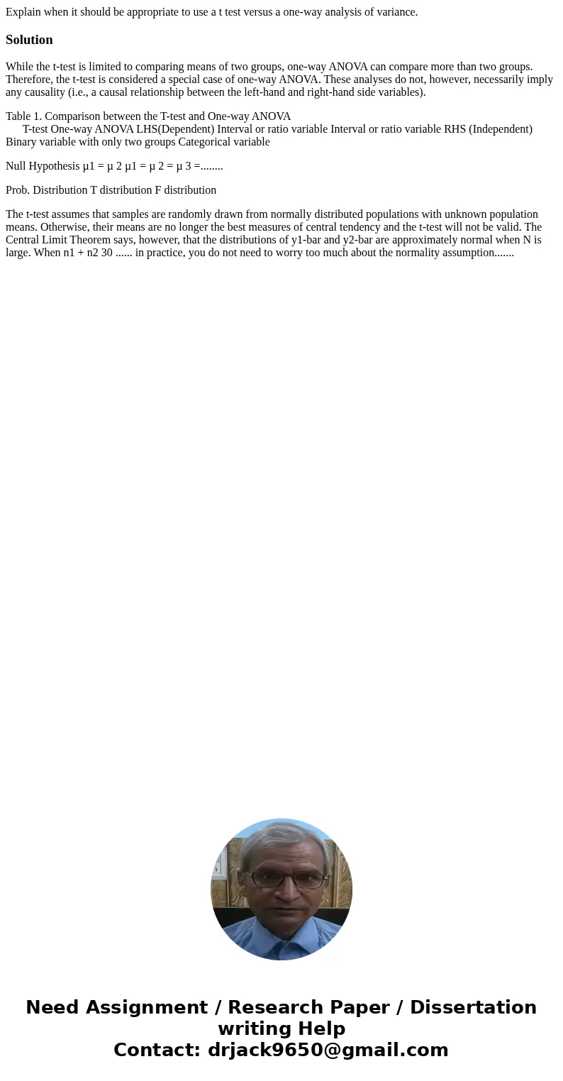 Explain when it should be appropriate to use a t test versus a one-way analysis of variance.SolutionWhile the t-test is limited to comparing means of two groups Explain when it should be appropriate to use a t test versus a one-way analysis of variance.SolutionWhile the t-test is limited to comparing means of two groups