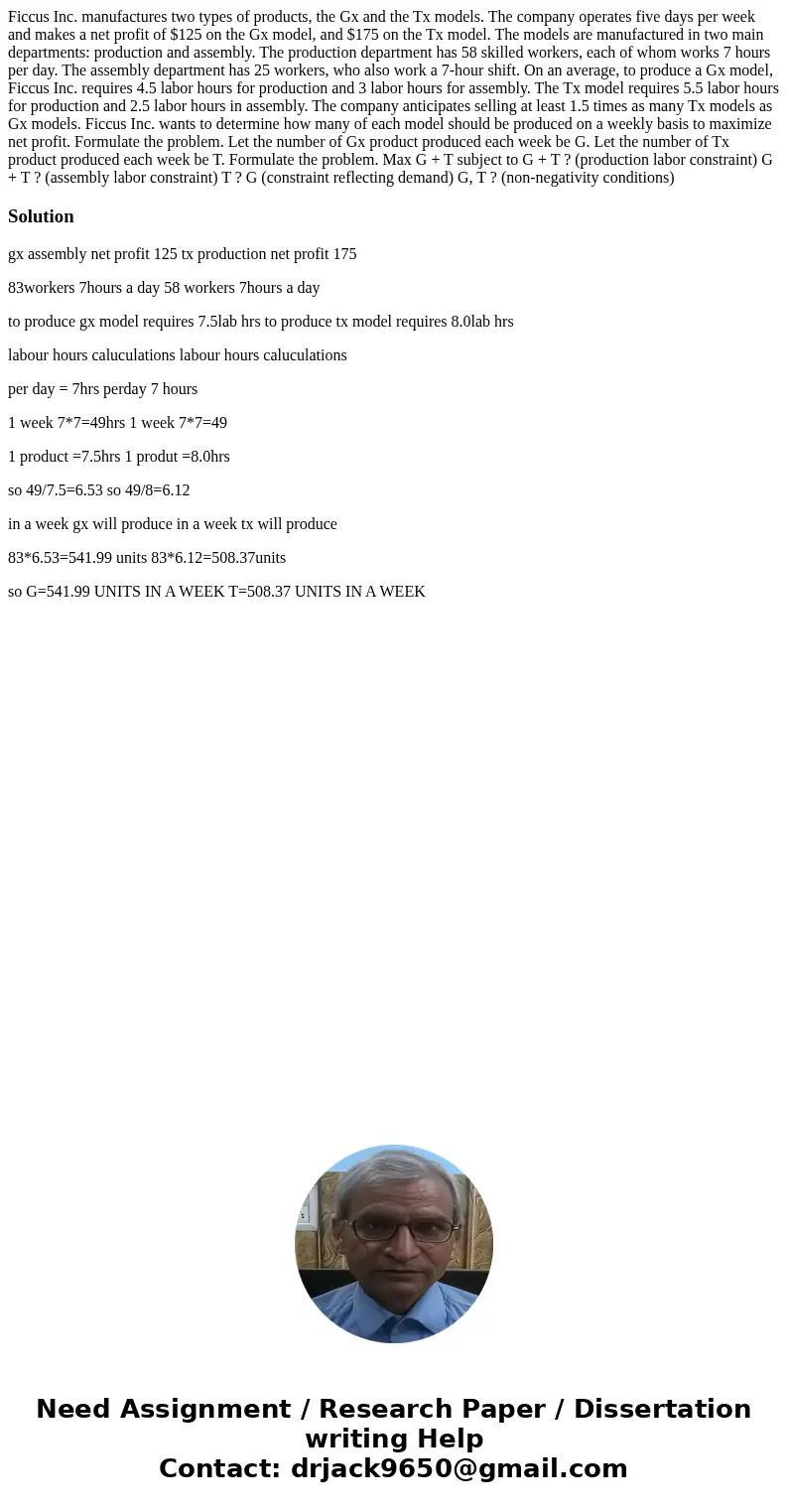 Ficcus Inc. manufactures two types of products, the Gx and the Tx models. The company operates five days per week and makes a net profit of $125 on the Gx model Ficcus Inc. manufactures two types of products, the Gx and the Tx models. The company operates five days per week and makes a net profit of $125 on the Gx model