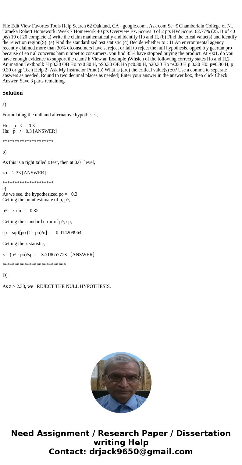  File Edit View Favortes Tools Help Search 62 Oakland, CA - google.com . Ask com Se- € Chamberlain College of N.. Tameka Robert Homework: Week 7 Homework 40 pts