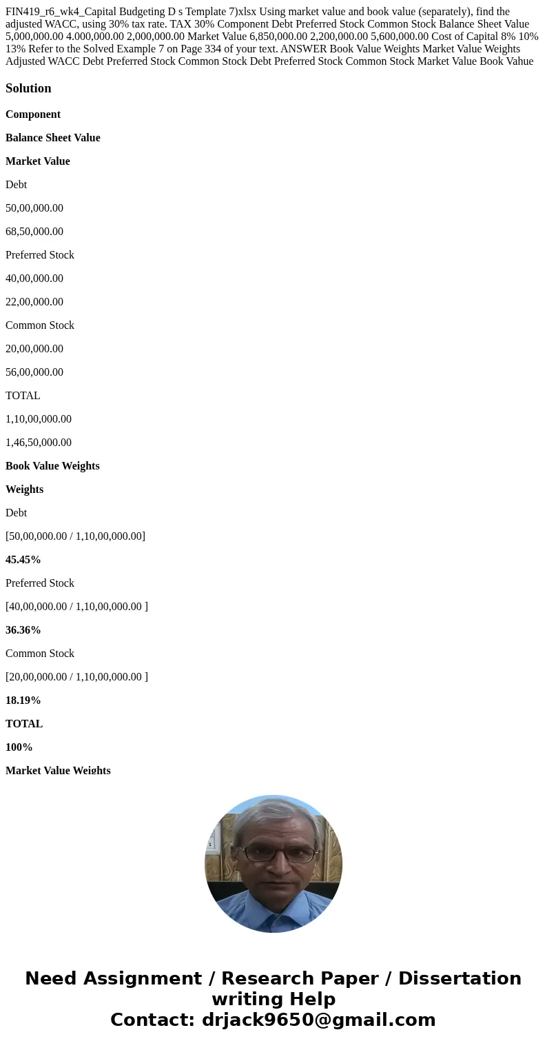  FIN419_r6_wk4_Capital Budgeting D s Template 7)xlsx Using market value and book value (separately), find the adjusted WACC, using 30% tax rate. TAX 30% Compone