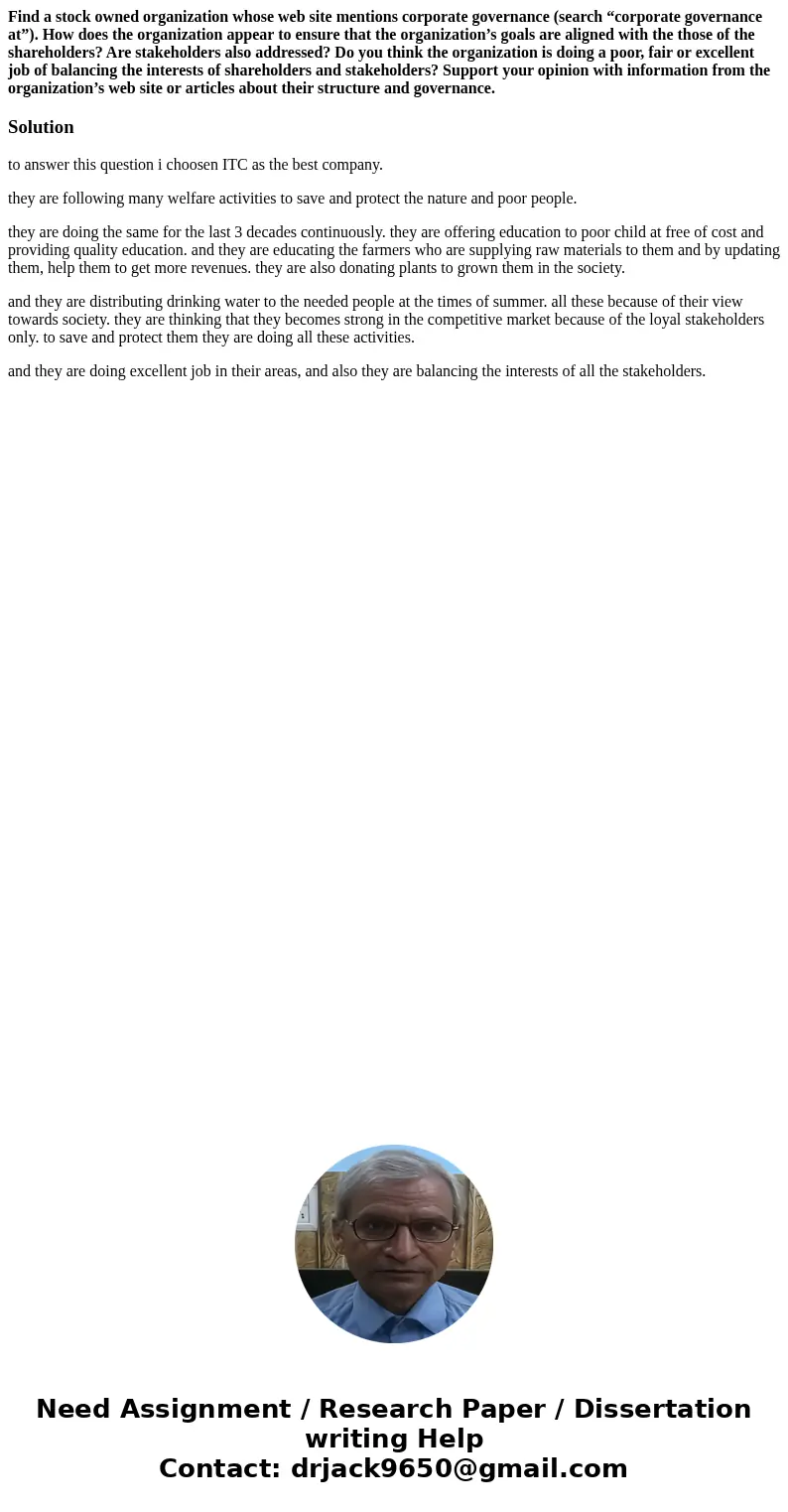 Find a stock owned organization whose web site mentions corporate governance (search “corporate governance at”). How does the organization appear to ensure that