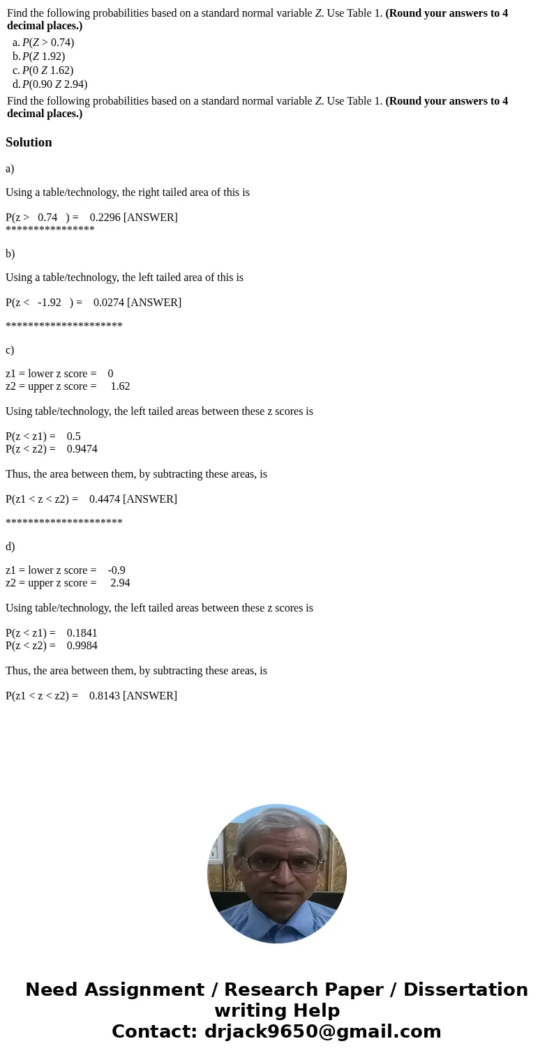  Find the following probabilities based on a standard normal variable Z. Use Table 1. (Round your answers to 4 decimal places.) a. P(Z > 0.74) b. P(Z 1.92) c