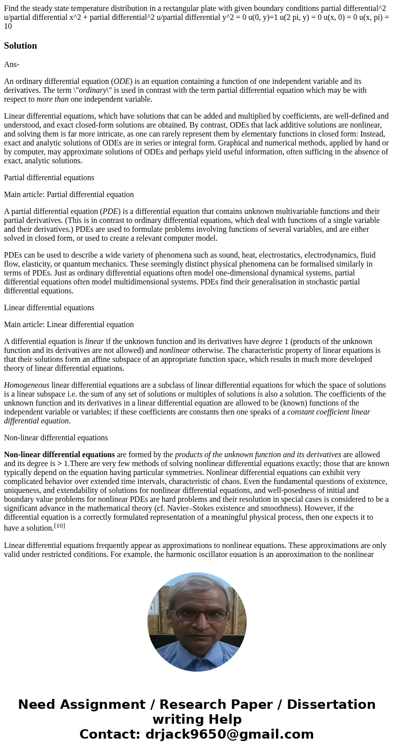Find the steady state temperature distribution in a rectangular plate with given boundary conditions partial differential^2 u/partial differential x^2 + partia  Find the steady state temperature distribution in a rectangular plate with given boundary conditions partial differential^2 u/partial differential x^2 + partia