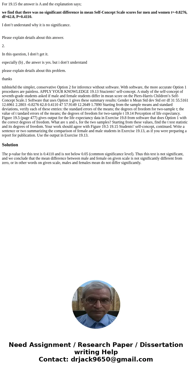 For 19.15 the answer is A and the explanation says; we find that there was no significant difference in mean Self-Concept Scale scores for men and women t=-0.82