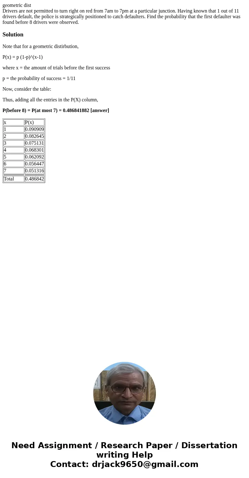 geometric dist Drivers are not permitted to turn right on red from 7am to 7pm at a particular junction. Having known that 1 out of 11 drivers default, the polic