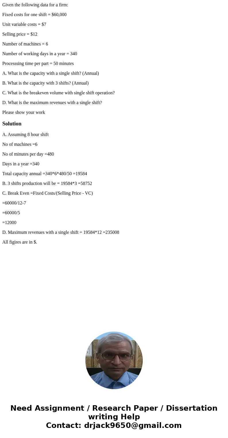 Given the following data for a firm: Fixed costs for one shift = $60,000 Unit variable costs = $7 Selling price = $12 Number of machines = 6 Number of working d