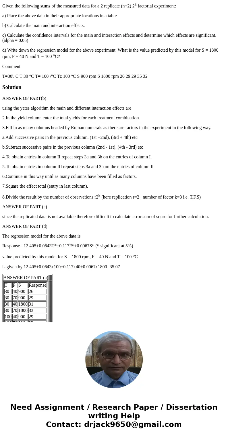 Given the following sums of the measured data for a 2 replicate (n=2) 23 factorial experiment: a) Place the above data in their appropriate locations in a table