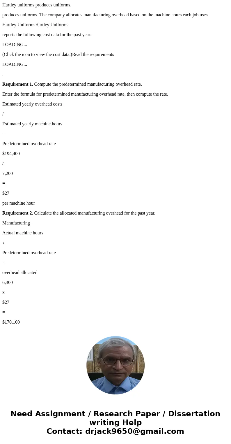 Hartley uniforms produces uniforms. produces uniforms. The company allocates manufacturing overhead based on the machine hours each job uses. Hartley UniformsHa