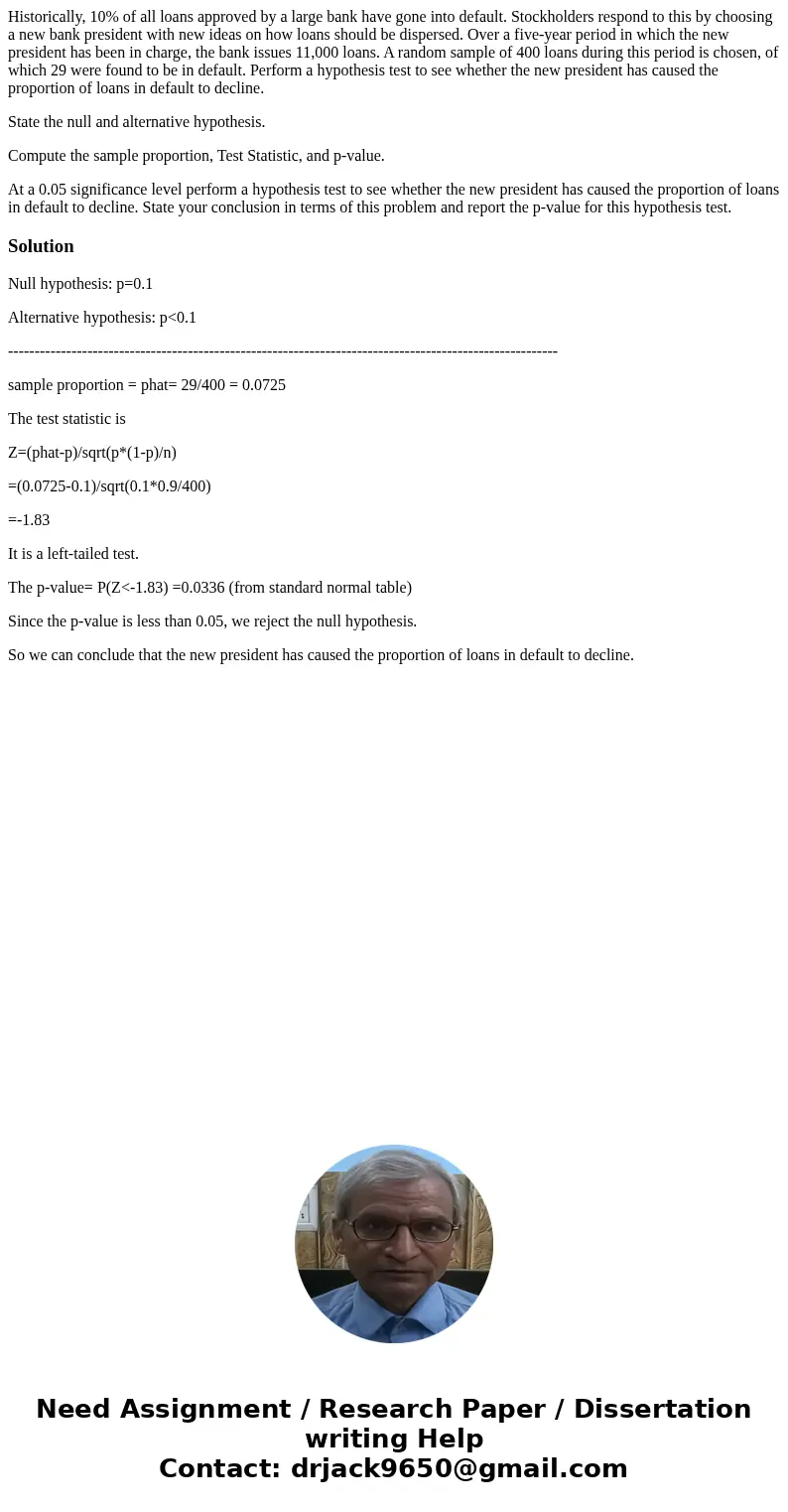 Historically, 10% of all loans approved by a large bank have gone into default. Stockholders respond to this by choosing a new bank president with new ideas on 