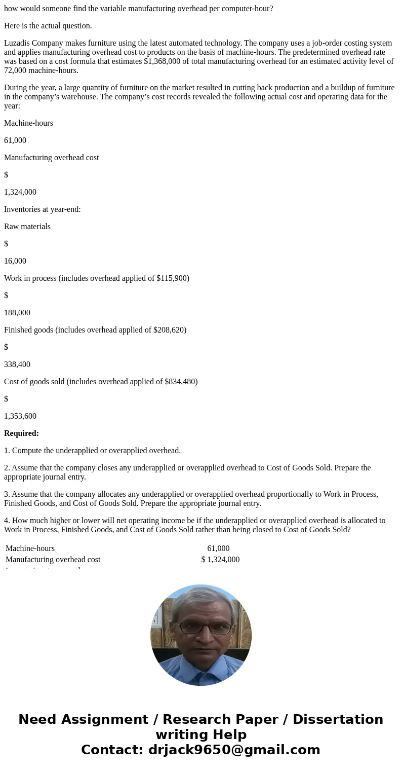 how would someone find the variable manufacturing overhead per computer-hour? Here is the actual question. Luzadis Company makes furniture using the latest auto how would someone find the variable manufacturing overhead per computer-hour? Here is the actual question. Luzadis Company makes furniture using the latest auto