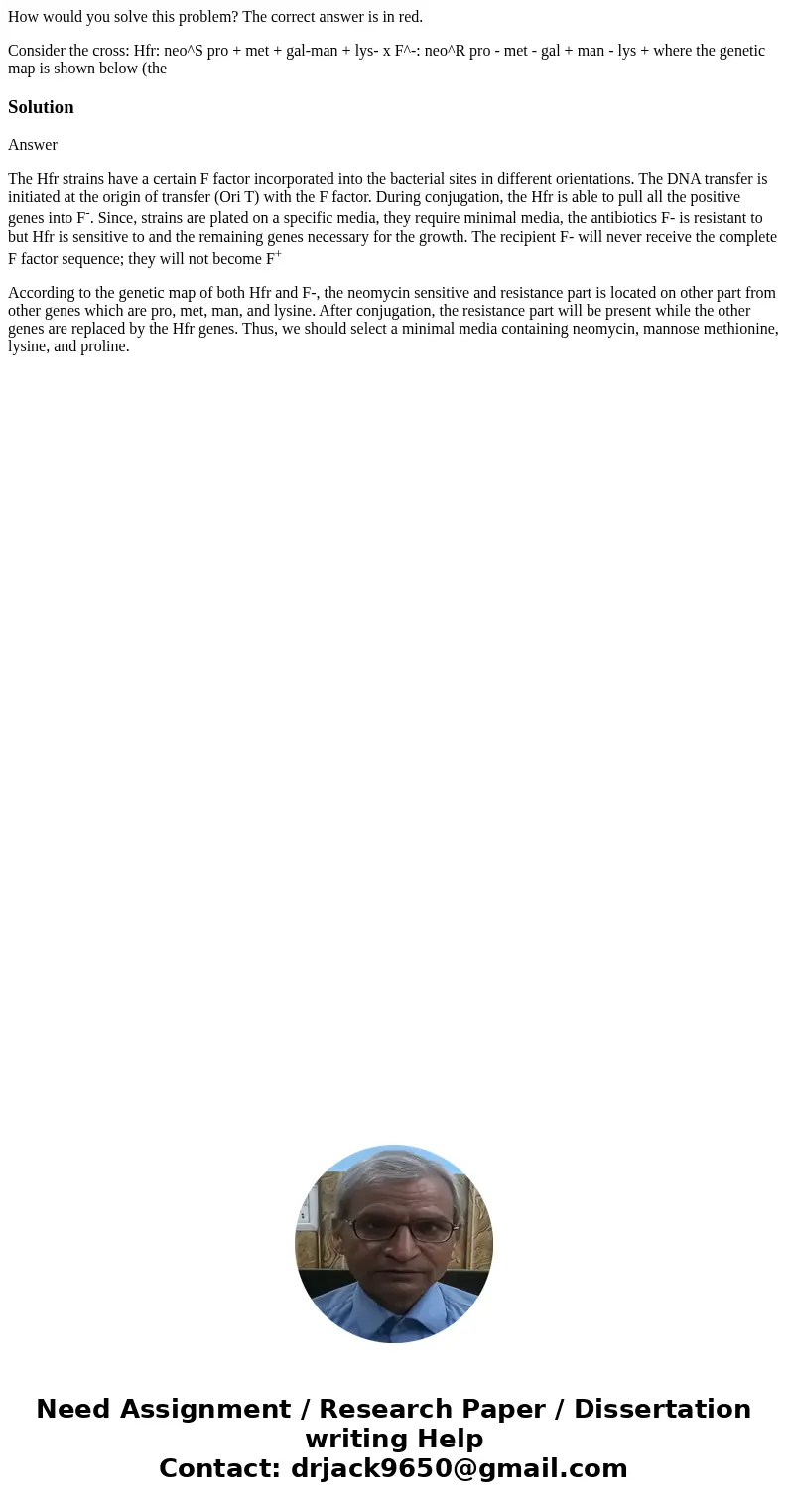 How would you solve this problem? The correct answer is in red. Consider the cross: Hfr: neo^S pro + met + gal-man + lys- x F^-: neo^R pro - met - gal + man - l