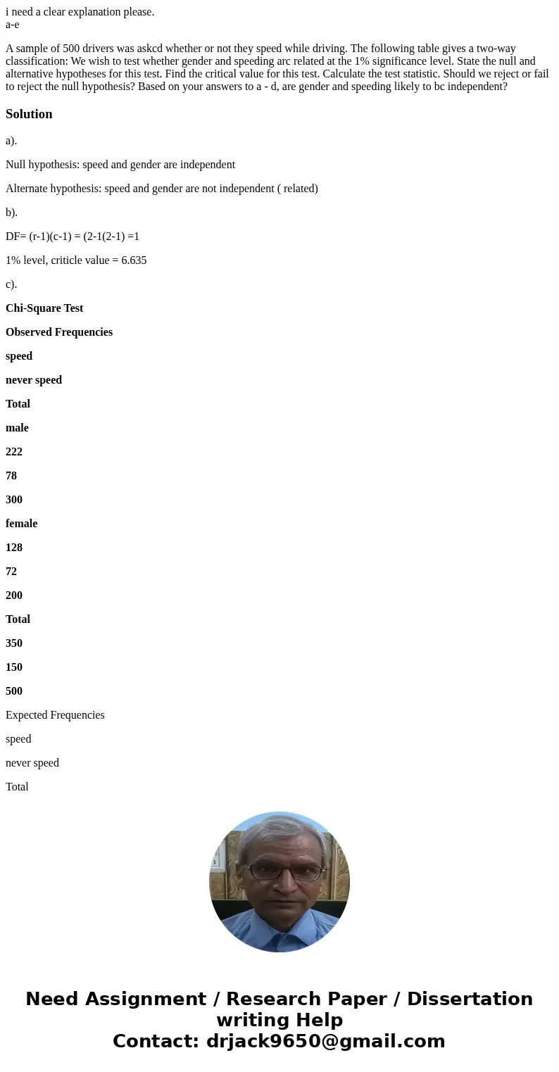  i need a clear explanation please. a-e A sample of 500 drivers was askcd whether or not they speed while driving. The following table gives a two-way classific