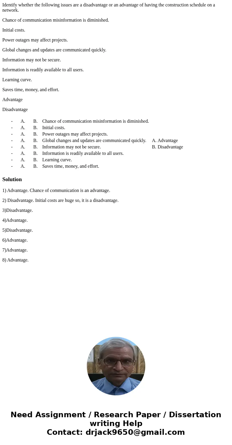 Identify whether the following issues are a disadvantage or an advantage of having the construction schedule on a network. Chance of communication misinformatio