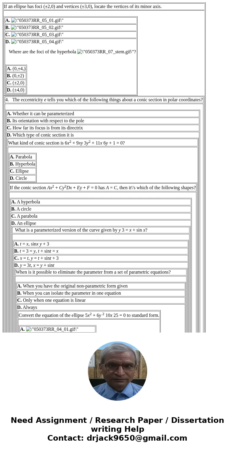  If an ellipse has foci (±2,0) and vertices (±3,0), locate the vertices of its minor axis. A. B. C. D. Where are the foci of the hyperbola ? A. (0,±4,) B. (0,±2