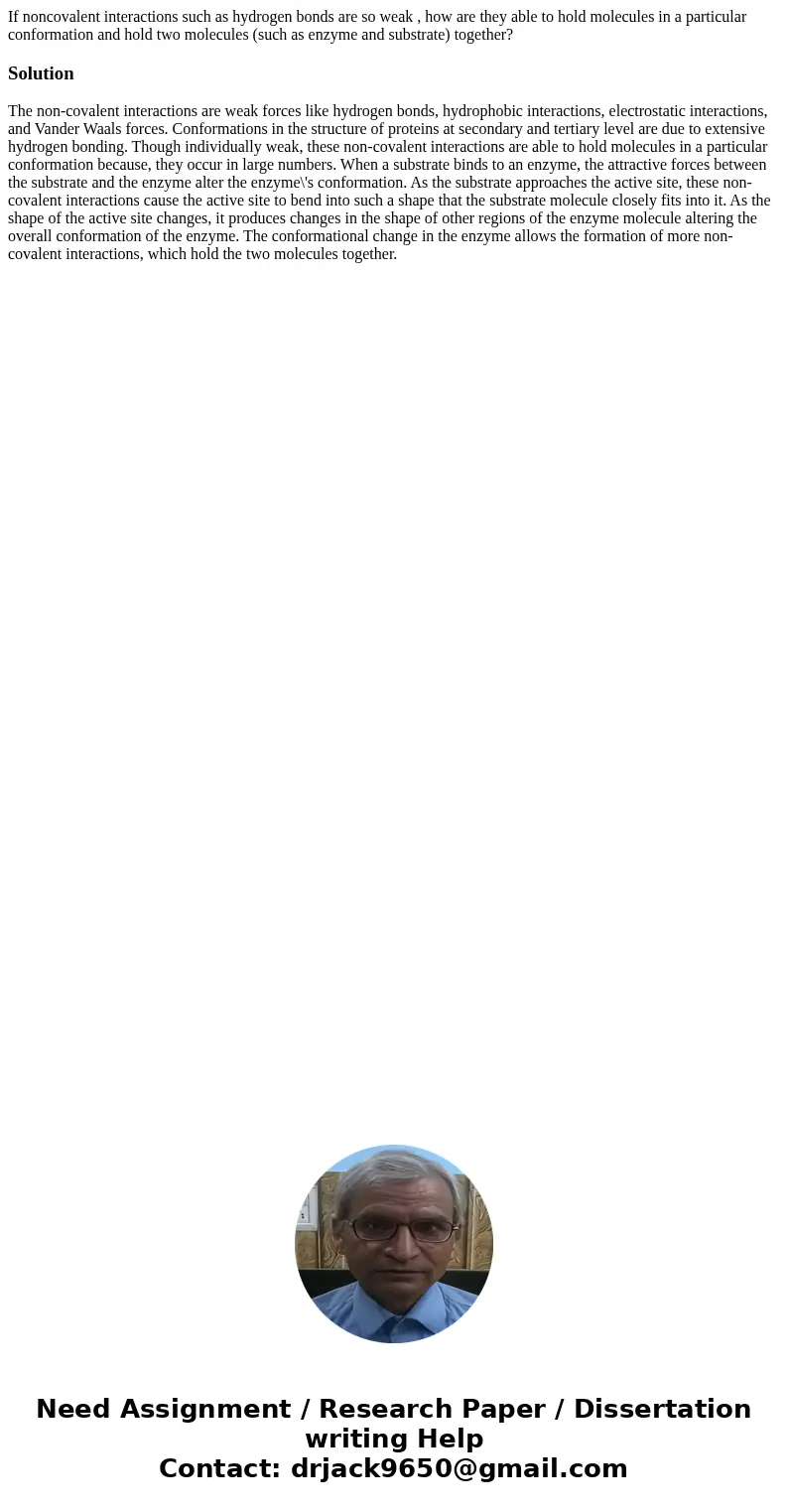 If noncovalent interactions such as hydrogen bonds are so weak , how are they able to hold molecules in a particular conformation and hold two molecules (such a