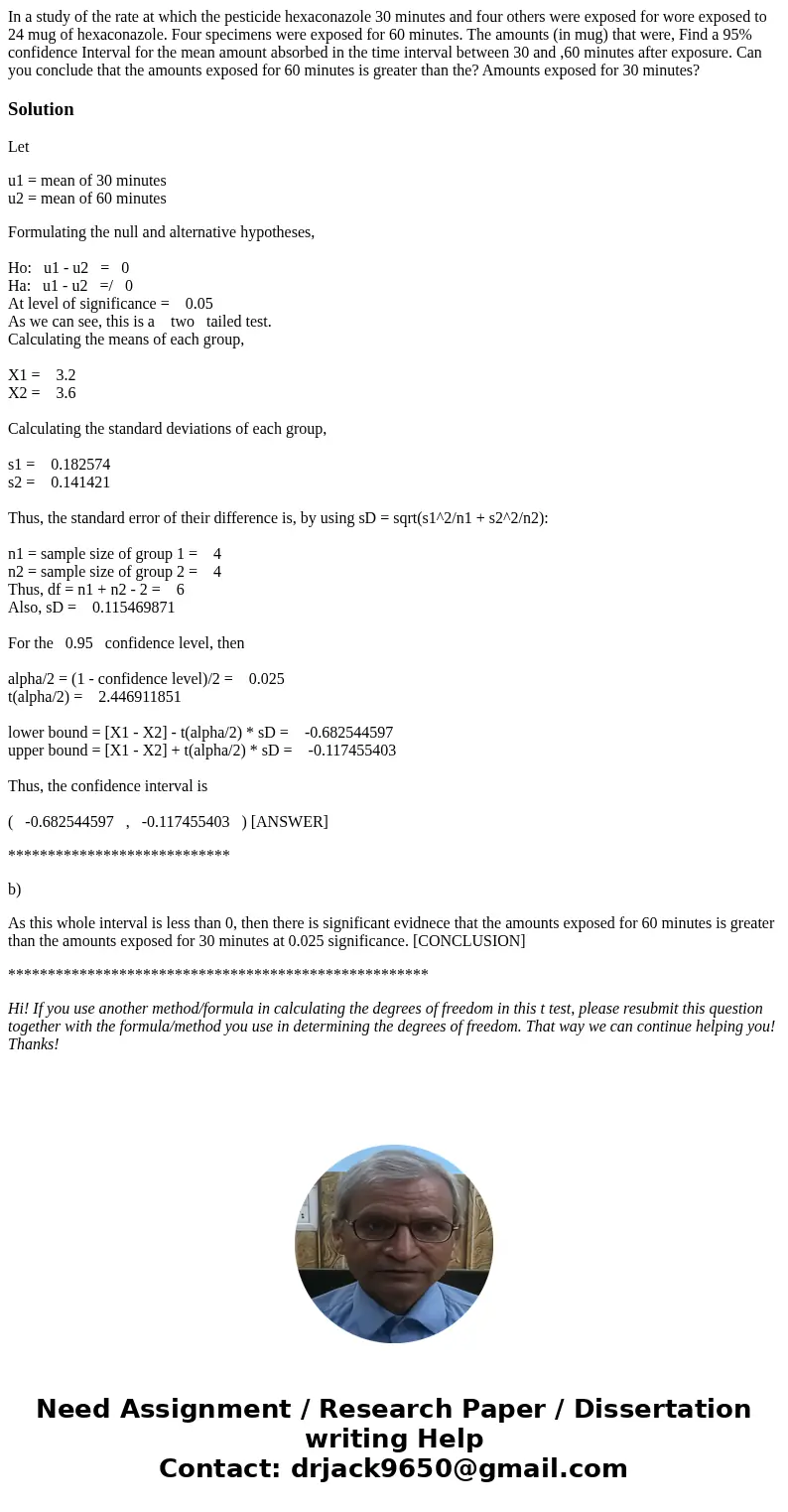 In a study of the rate at which the pesticide hexaconazole 30 minutes and four others were exposed for wore exposed to 24 mug of hexaconazole. Four specimens w  In a study of the rate at which the pesticide hexaconazole 30 minutes and four others were exposed for wore exposed to 24 mug of hexaconazole. Four specimens w