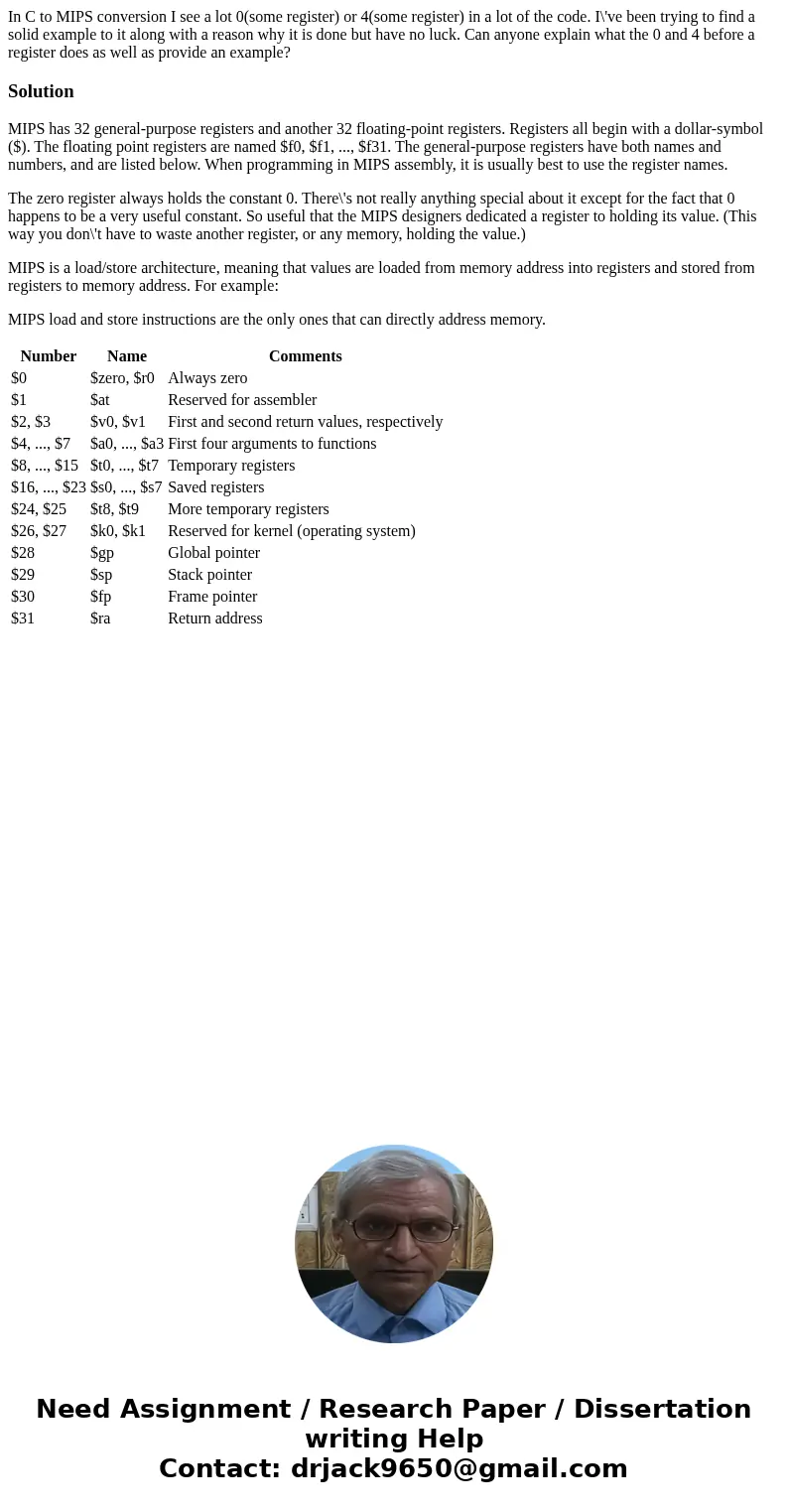 In C to MIPS conversion I see a lot 0(some register) or 4(some register) in a lot of the code. I\'ve been trying to find a solid example to it along with a reas