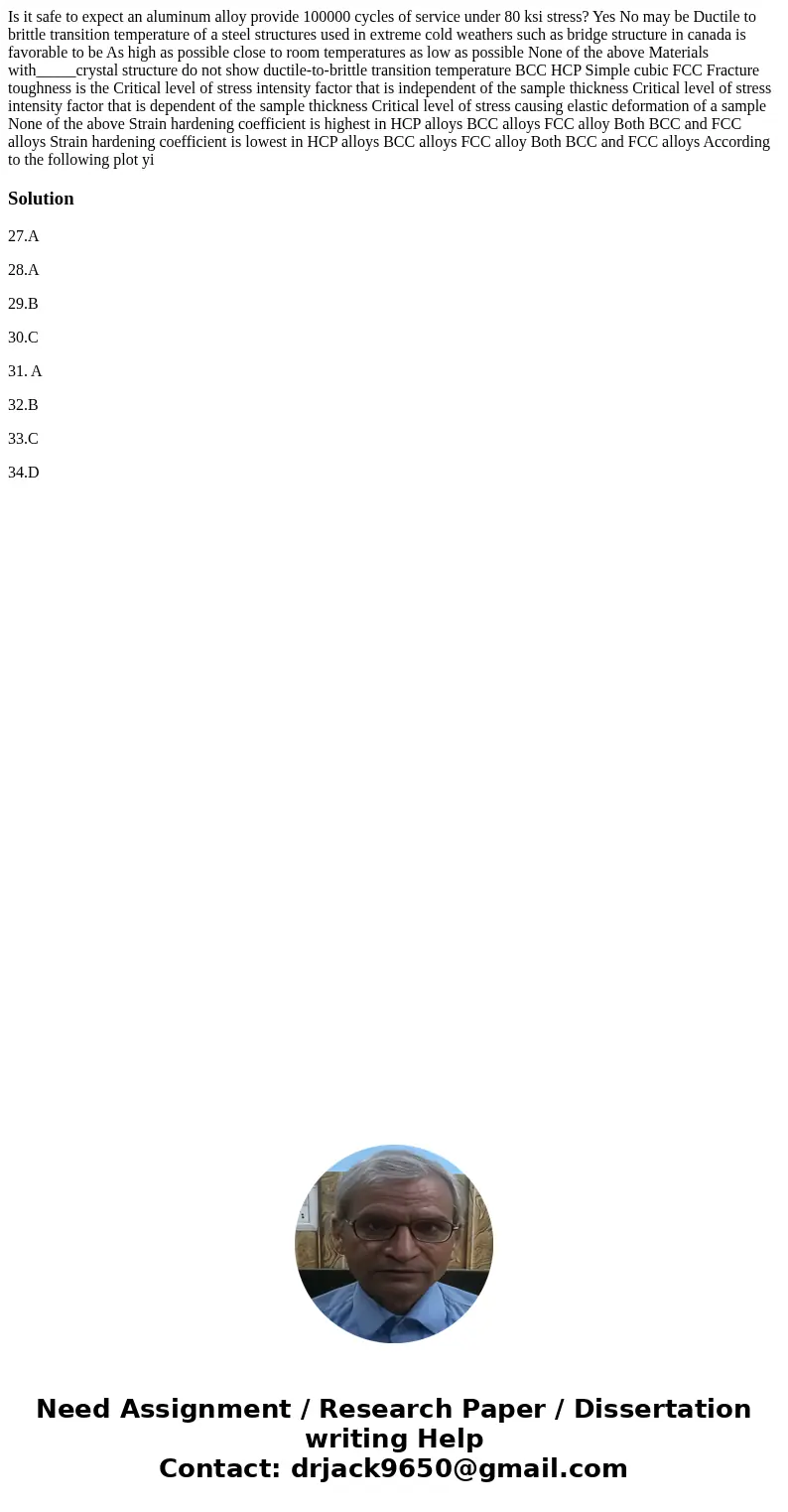 Is it safe to expect an aluminum alloy provide 100000 cycles of service under 80 ksi stress? Yes No may be Ductile to brittle transition temperature of a steel  Is it safe to expect an aluminum alloy provide 100000 cycles of service under 80 ksi stress? Yes No may be Ductile to brittle transition temperature of a steel