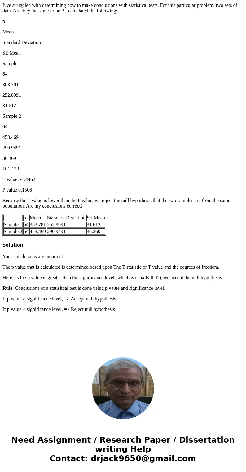 I\'ve struggled with determining how to make conclusions with statistical tests. For this particular problem, two sets of data. Are they the same or not? I calc