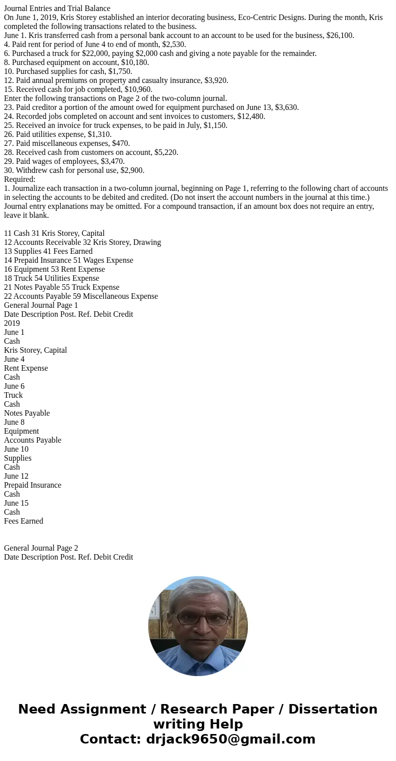 Journal Entries and Trial Balance On June 1, 2019, Kris Storey established an interior decorating business, Eco-Centric Designs. During the month, Kris complet  Journal Entries and Trial Balance On June 1, 2019, Kris Storey established an interior decorating business, Eco-Centric Designs. During the month, Kris complet