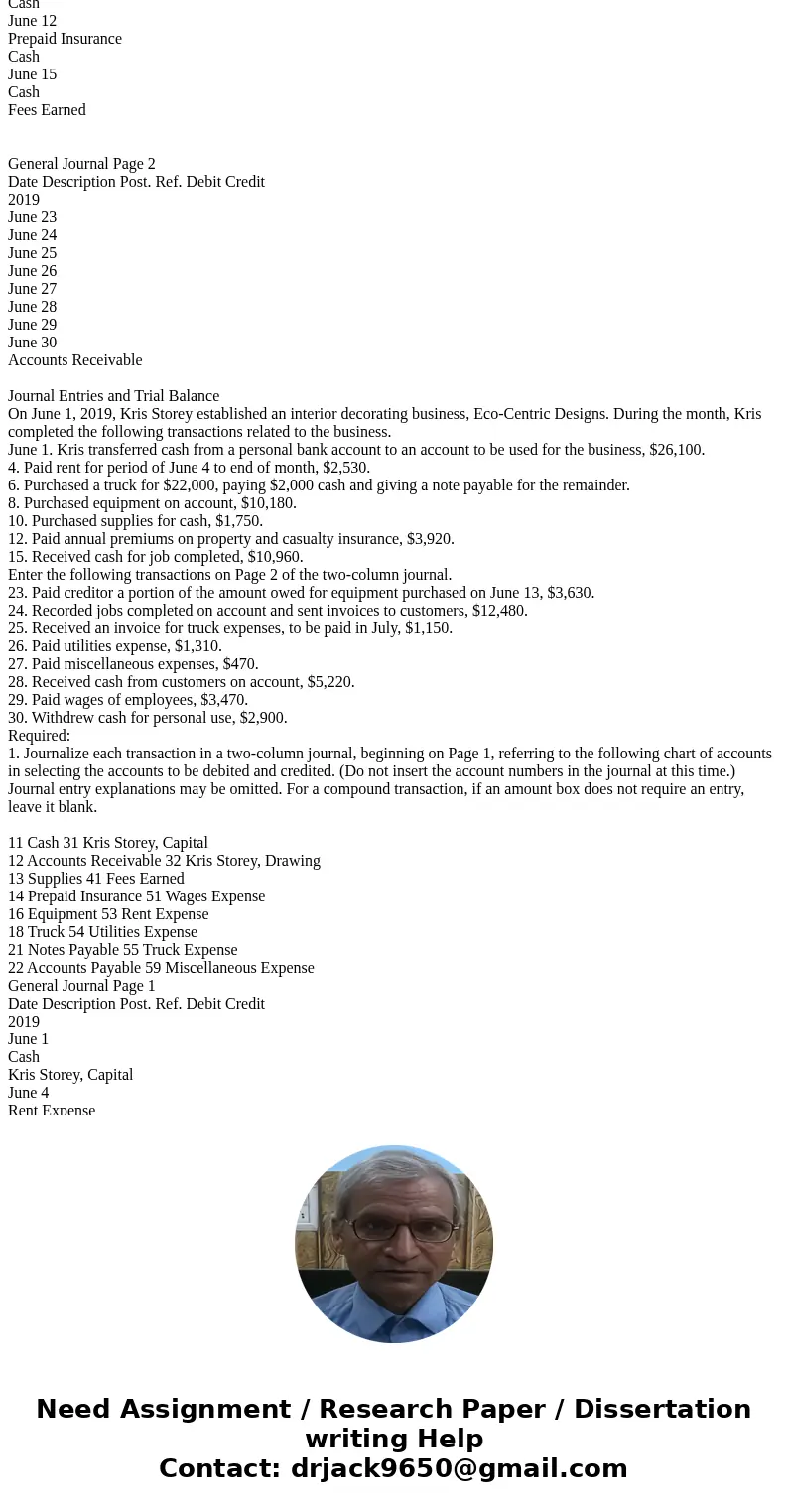 Journal Entries and Trial Balance On June 1, 2019, Kris Storey established an interior decorating business, Eco-Centric Designs. During the month, Kris complet  Journal Entries and Trial Balance On June 1, 2019, Kris Storey established an interior decorating business, Eco-Centric Designs. During the month, Kris complet