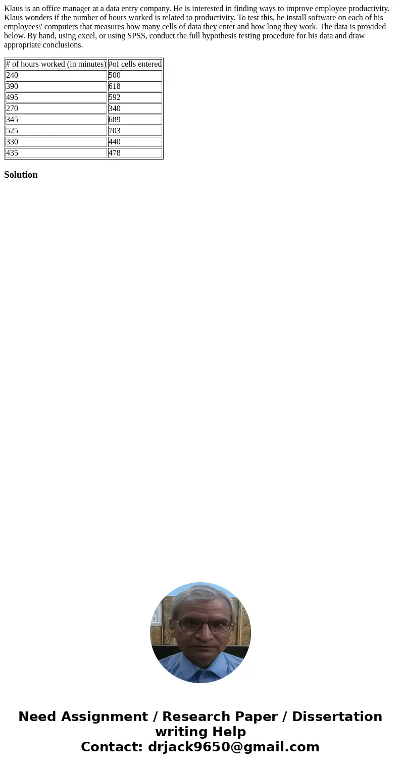 Klaus is an office manager at a data entry company. He is interested in finding ways to improve employee productivity. Klaus wonders if the number of hours work