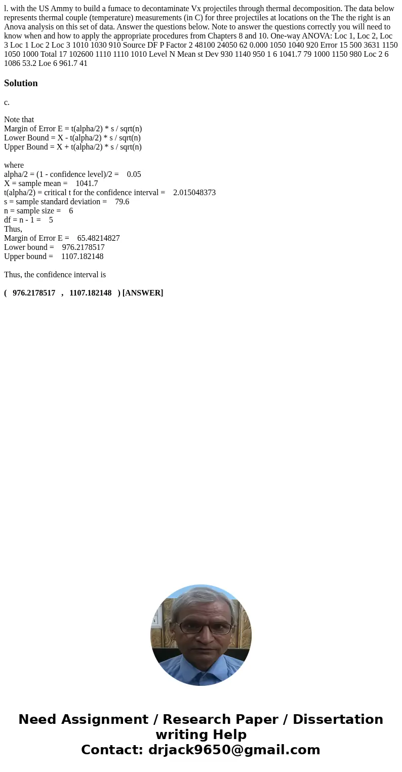  l. with the US Ammy to build a fumace to decontaminate Vx projectiles through thermal decomposition. The data below represents thermal couple (temperature) mea