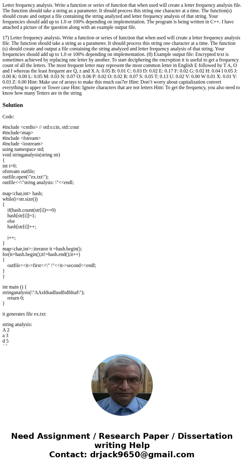 Letter frequency analysis. Write a function or series of function that when used will create a letter frequency analysis file. The function should take a string