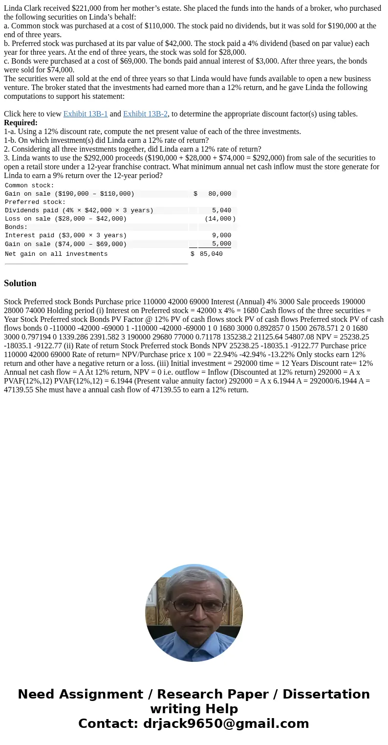  Linda Clark received $221,000 from her mother’s estate. She placed the funds into the hands of a broker, who purchased the following securities on Linda’s beha