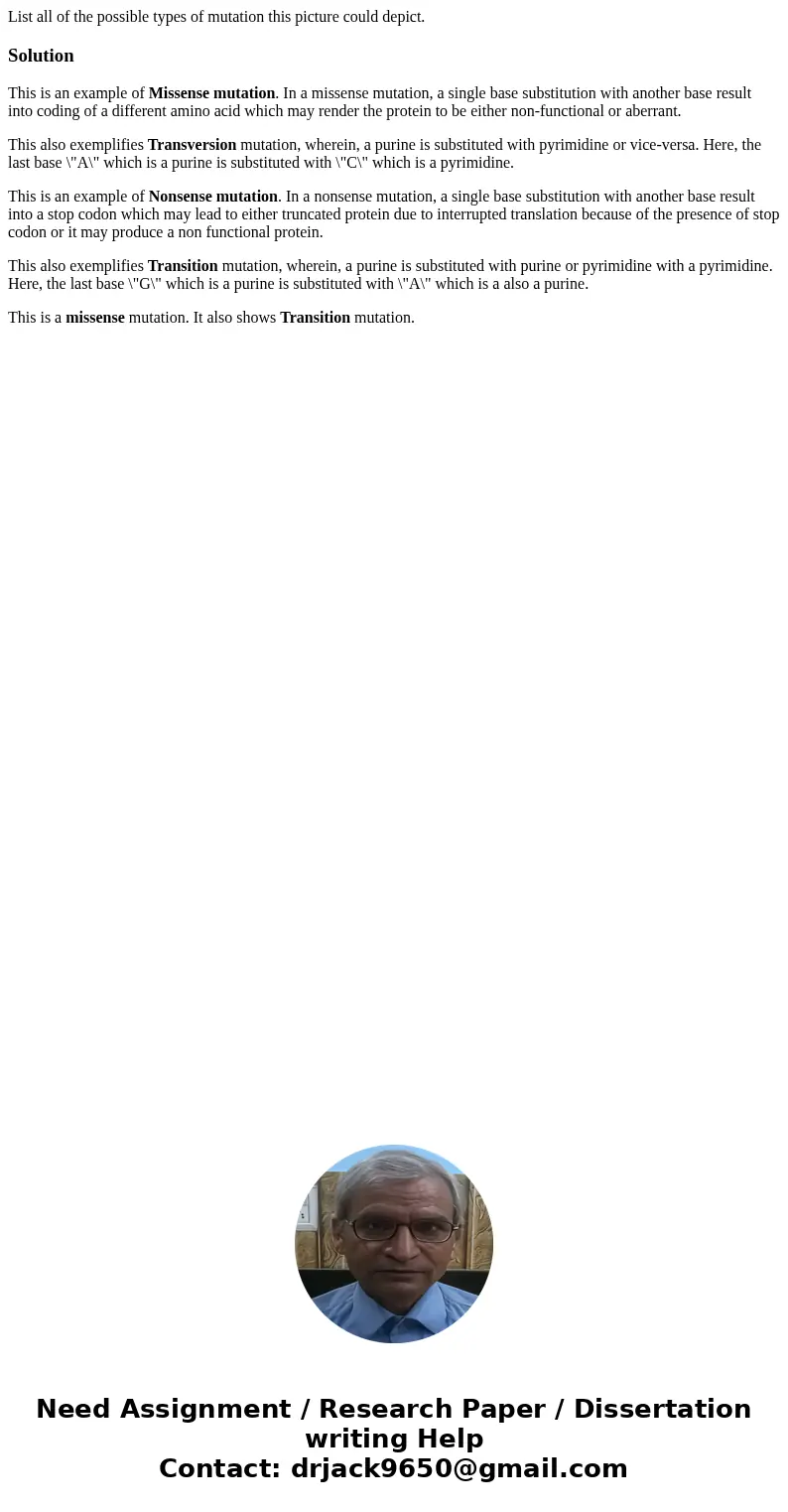  List all of the possible types of mutation this picture could depict. SolutionThis is an example of Missense mutation. In a missense mutation, a single base su
